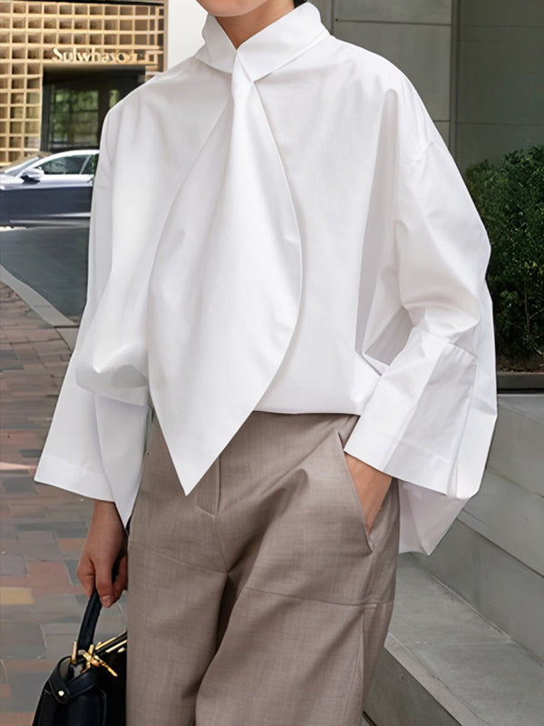 Long Sleeves Loose Solid Color Tied Stand Collar Blouses&Shirts Tops