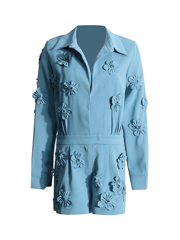 High Waisted Long Sleeves Solid Color Three-Dimensional Flower Lapel Rompers