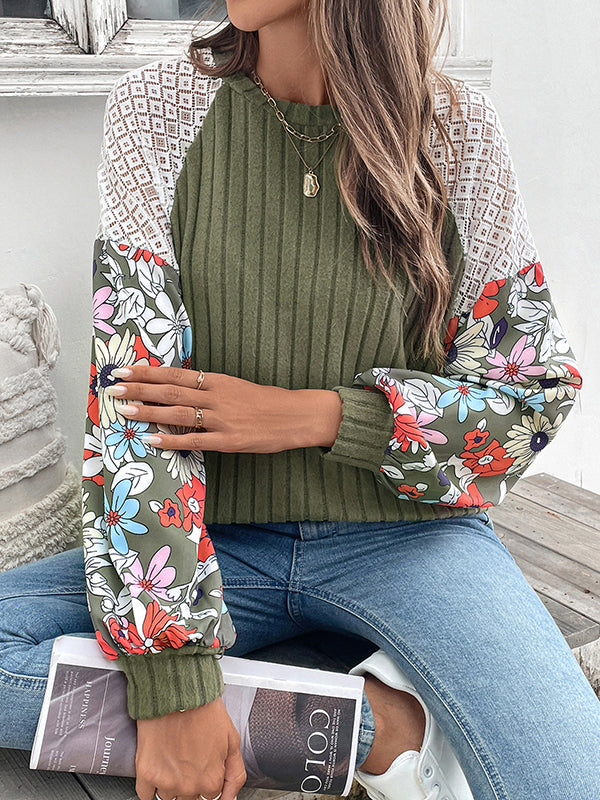 Long Sleeves Loose Contrast Color Flower Print Split-Joint Round-Neck T-Shirts Tops