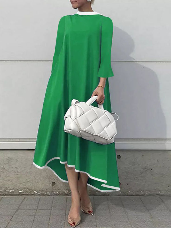 A-line Flared Sleeves Asymmetric Contrast Color Mock Neck Maxi Dresses