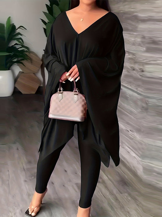 Batwing Sleeves Loose Solid Color V-Back V-Neck Shirts Tops&Pants Two Pieces Set
