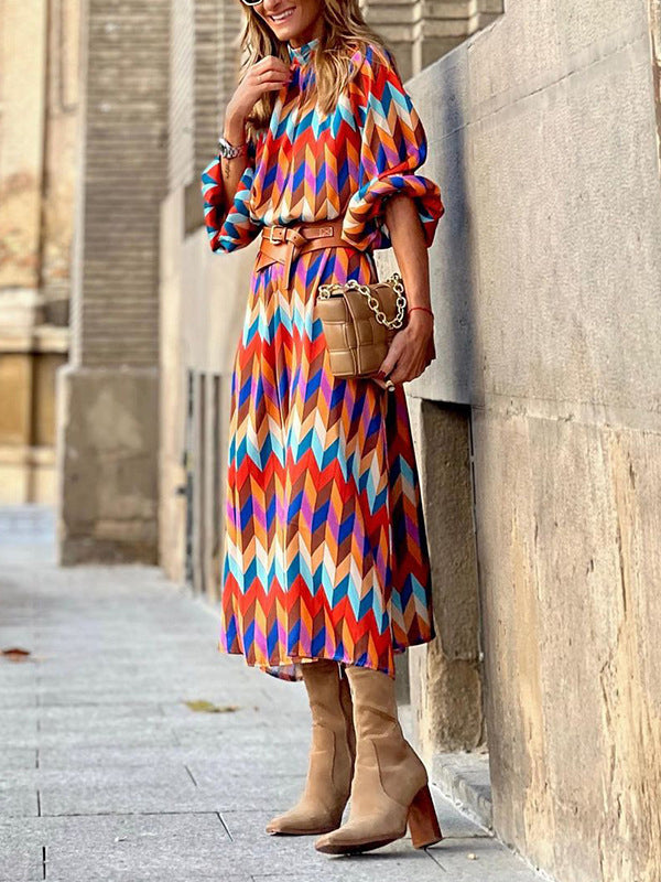 A-Line Long Sleeves Contrast Color Elasticity Pleated Stand Collar Midi Dresses