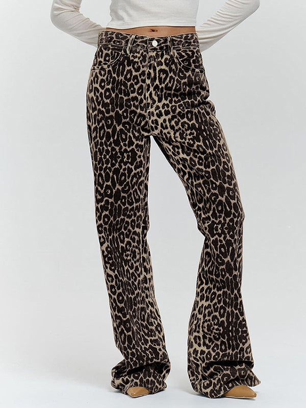 Loose Buttoned Leopard Pockets Split-Joint Pants Trousers
