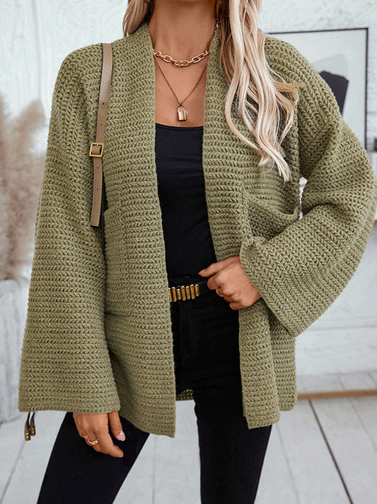 Long Sleeves Loose Pockets Solid Color Split-Joint Collarless Cardigan Tops