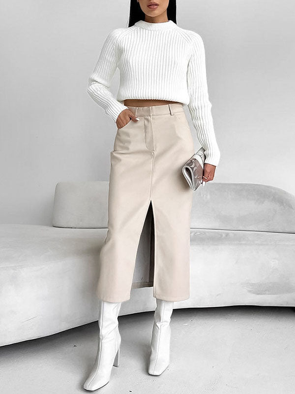 Skinny Wrap Pockets Solid Color Split-Front Zipper Skirts Bottoms