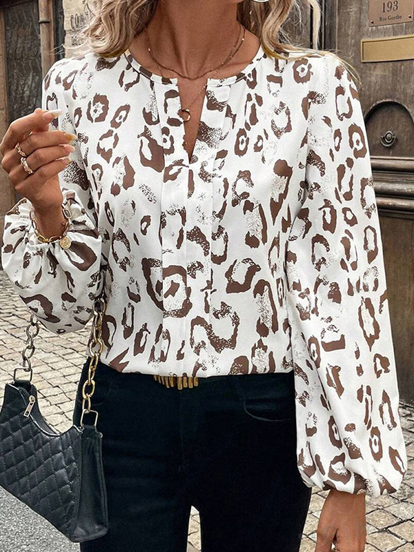 Long Sleeves Loose Contrast Color Elasticity Leopard V-Neck Blouses&Shirts Tops