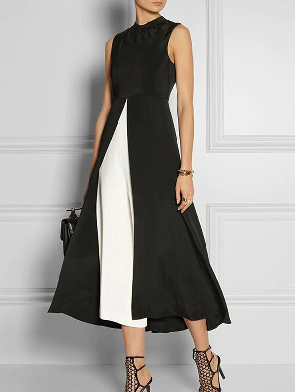 A-Line Loose Contrast Color Round-Neck Midi Dresses
