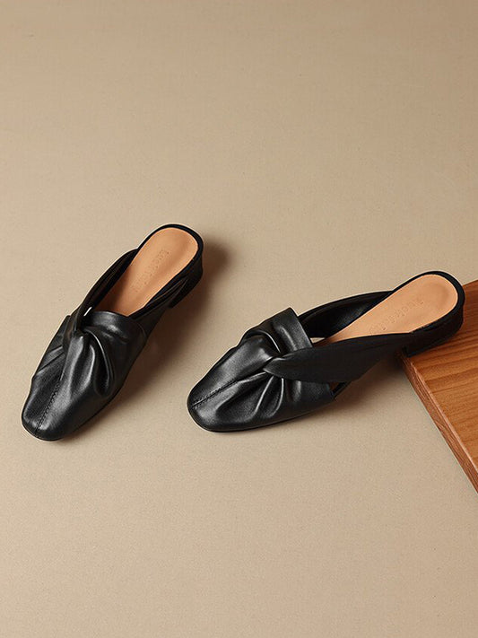Hollow Pleated Round-Toe Split-Joint Slippers&Mules