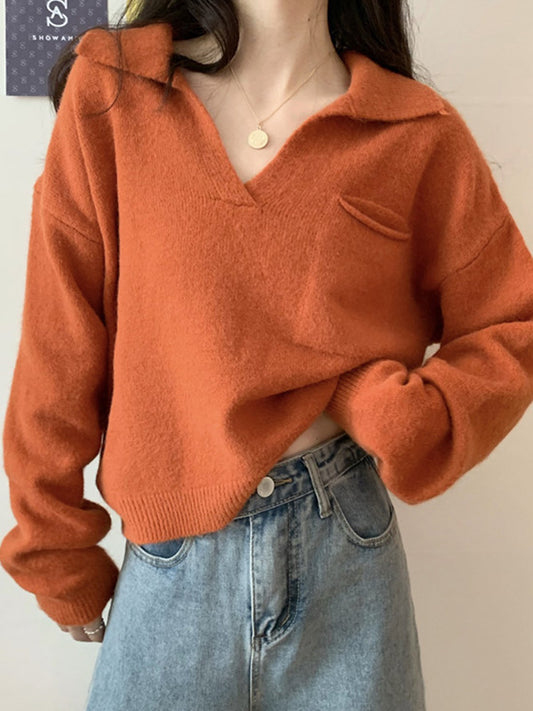 Casual Simple 6 Colors V-Neck Long Sleeves Sweater Top