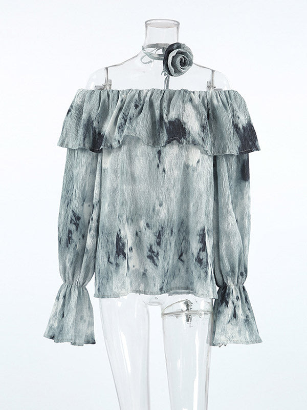 Flared Sleeves Loose Pleated Split-Joint Tie-Dyed Off-The-Shoulder Blouses&Shirts Tops