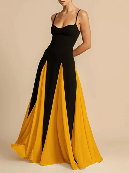 A-Line Sleeveless Contrast Color Pleated Split-Joint Spaghetti-Neck Evening Dresses Maxi Dresses