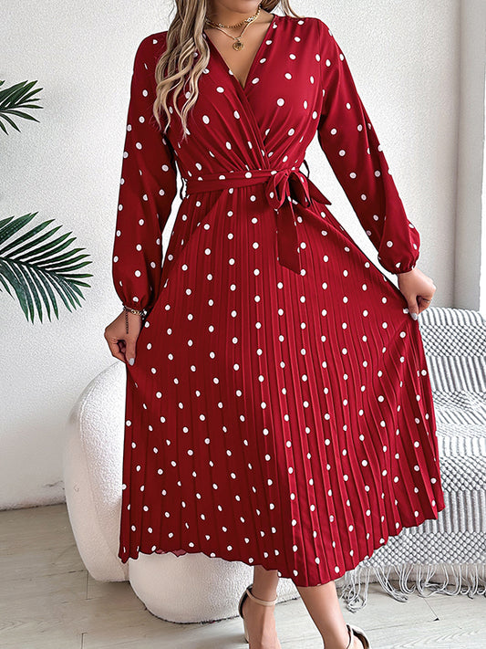 A-Line High Waisted Elasticity Pleated Polka-Dot Split-Joint Tied Waist V-Neck Midi Dresses Shirt Dress