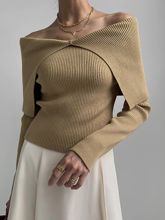 Long Sleeves Skinny Solid Color Lapel Knitted Hats Pullovers Sweater Tops