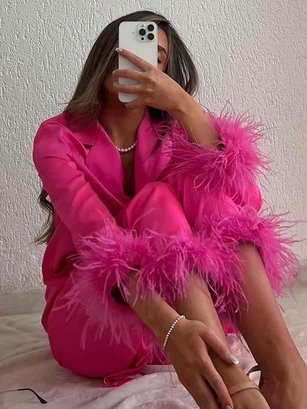 Long Sleeves Buttoned Feathers Split-Joint Notched Collar Shirts Top + Pants Bottom Pajama Sets