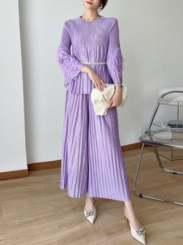 Loose Beaded Belted Pleated Split-Joint Round-Neck T-Shirt Top + Ninth Pants Bottom Two Pieces Set