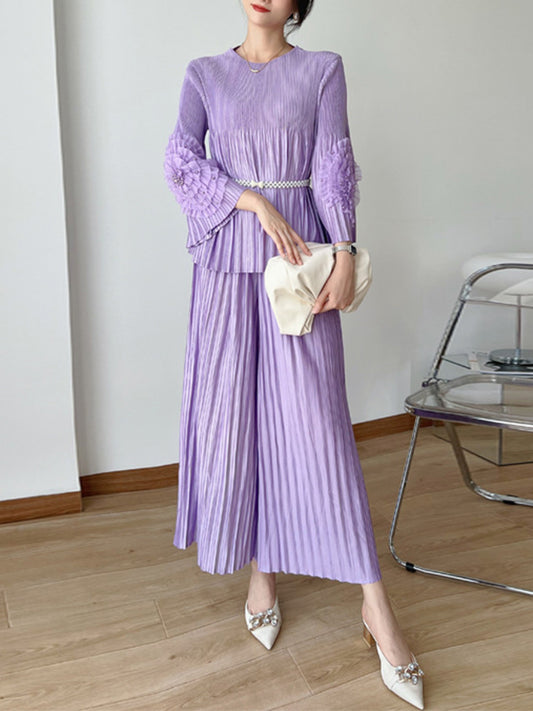 Loose Beaded Belted Pleated Split-Joint Round-Neck T-Shirt Top + Ninth Pants Bottom Two Pieces Set