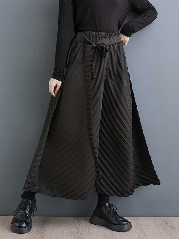 Long Sleeves Loose Buttoned Pleated Solid Color Stand Collar Shirts Top + Pants Bottom Two Pieces Set