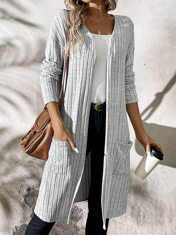 Long Sleeves Loose Pockets Solid Color Split-Joint Collarless Cardigan Tops