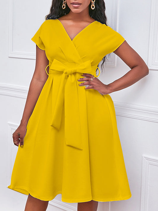 Bowknot Lace-Up Solid Color V-Neck Midi Dresses