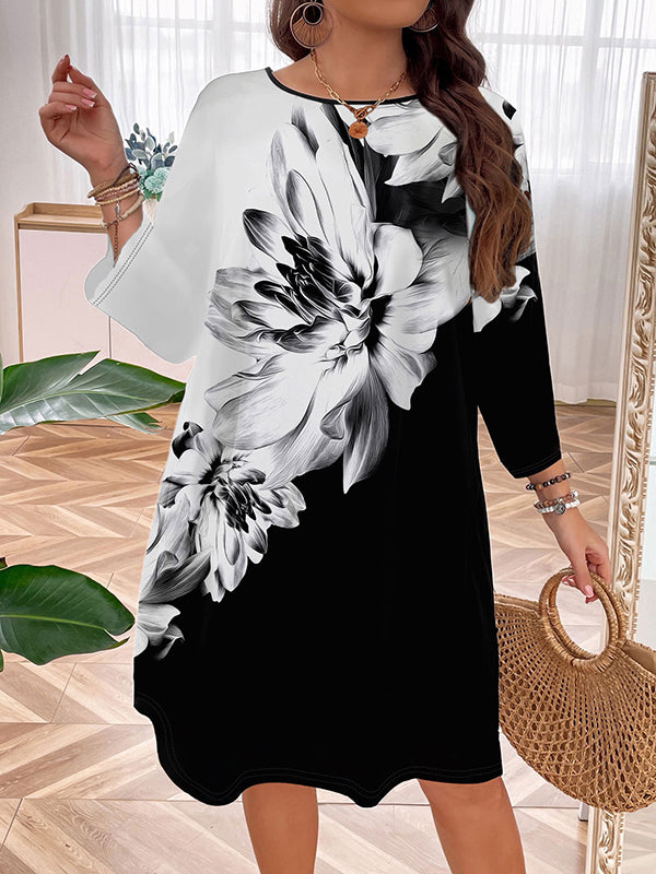 A-Line Long Sleeves Flower Print Split-Joint Round-Neck Midi Dresses