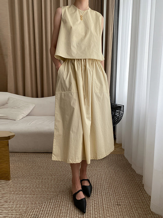 Loose Solid Color Round-Neck Vest + High Waisted Skirt Two Pieces Set