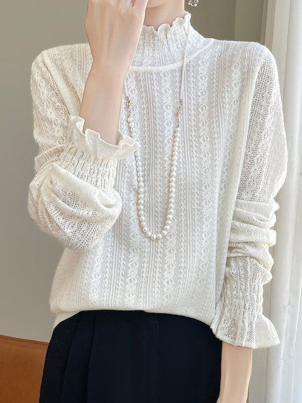 Long Sleeves Loose Elasticity Ruffle Trim Solid Color Mock Neck T-Shirts Tops