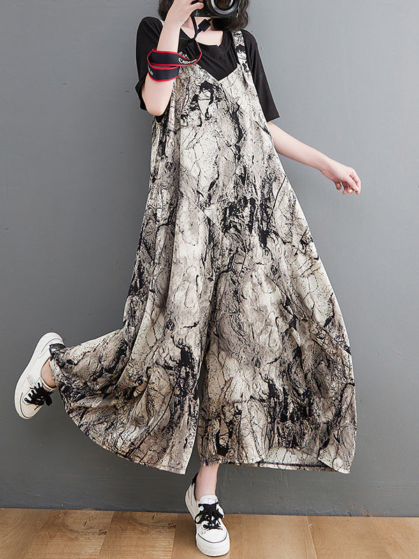 Vintage Printed Loose Wide Leg Overalls