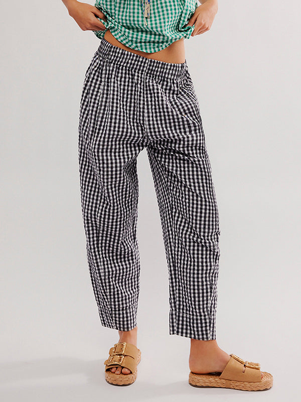 Loose Plaid Pockets Split-Joint Pants Trousers