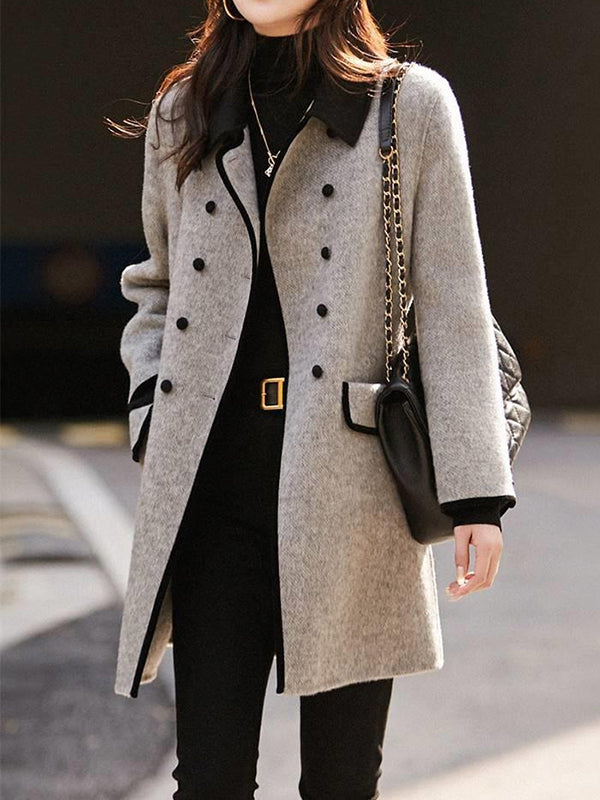 Long Sleeves Loose Buttoned Pockets Split-Joint Lapel Woolen Coat