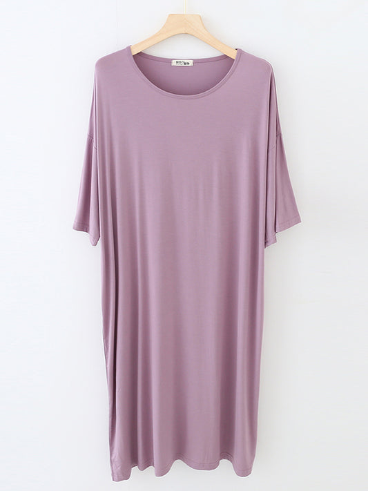 High Waisted Loose Solid Color Split-Joint Round-Neck Pajama Dress
