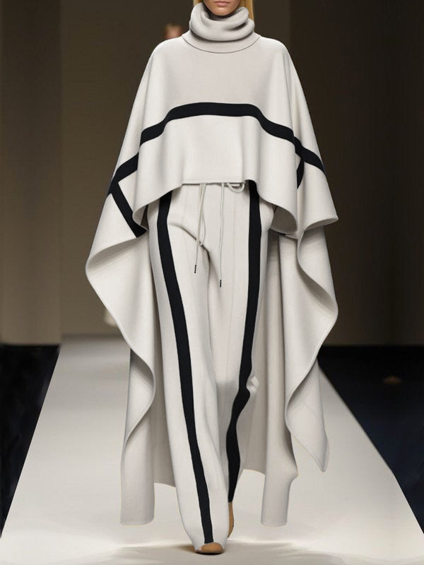 High-Low Loose Striped High Neck Cape