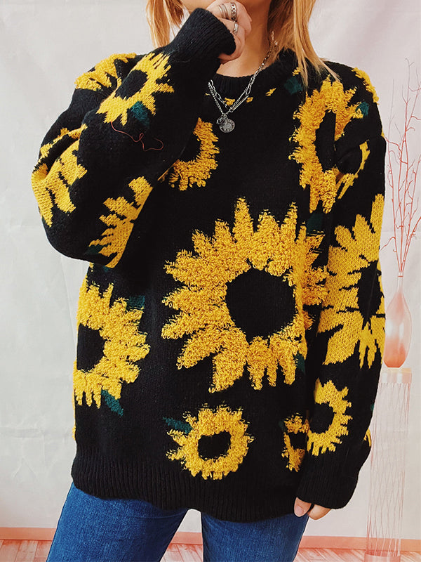 Long Sleeves Loose Contrast Color Knitted Flower Split-Joint Round-Neck Pullovers Sweater Tops