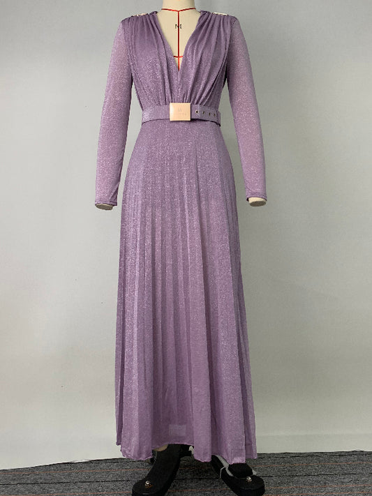 Long Sleeves Wrap Belted Pleated Solid Color Split-Side V-Neck Evening Dresses Maxi Dresses