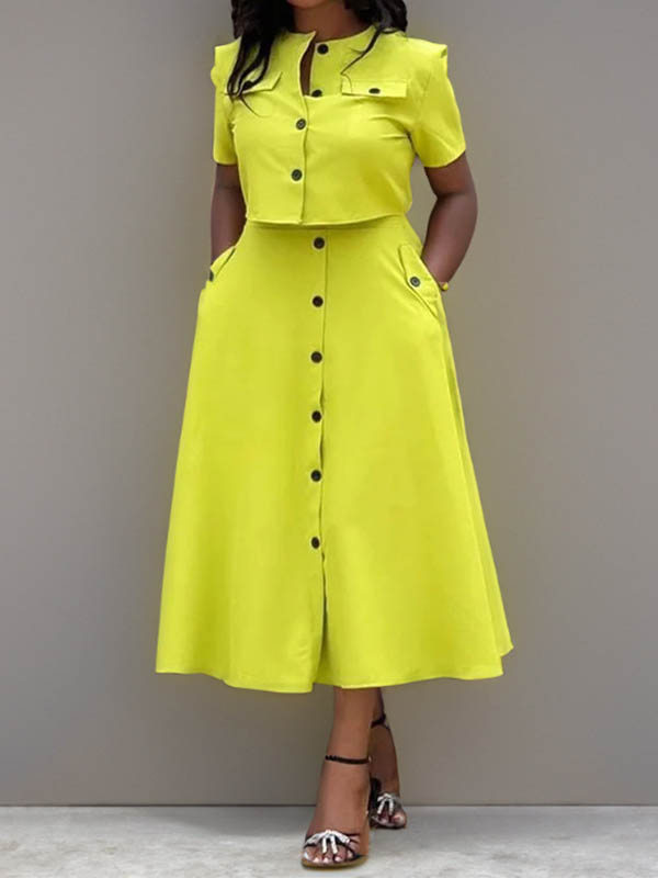 Loose Split-Joint Round-Neck Blouses + A-Line Skirts Two Pieces Set