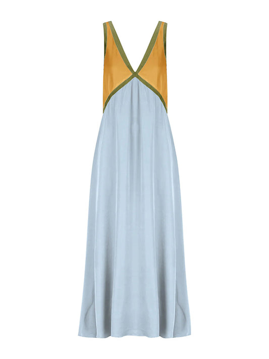 Loose Sleeveless Contrast Color Split-Joint Deep V-Neck Maxi Dresses