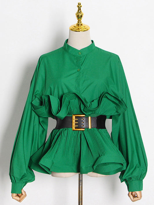 Stylish Loose Long Sleeves Buttoned Falbala Belted Solid Color Stand Collar Blouses&Shirts Tops