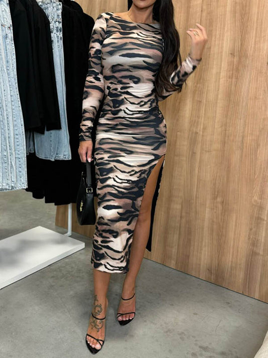 Bodycon Long Sleeves Contrast Color Split-Side Round-Neck Midi Dresses