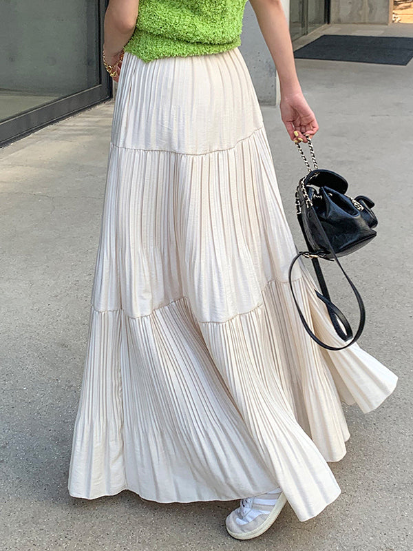 A-Line High Waisted Pleated Solid Color Split-Joint Skirts Bottoms