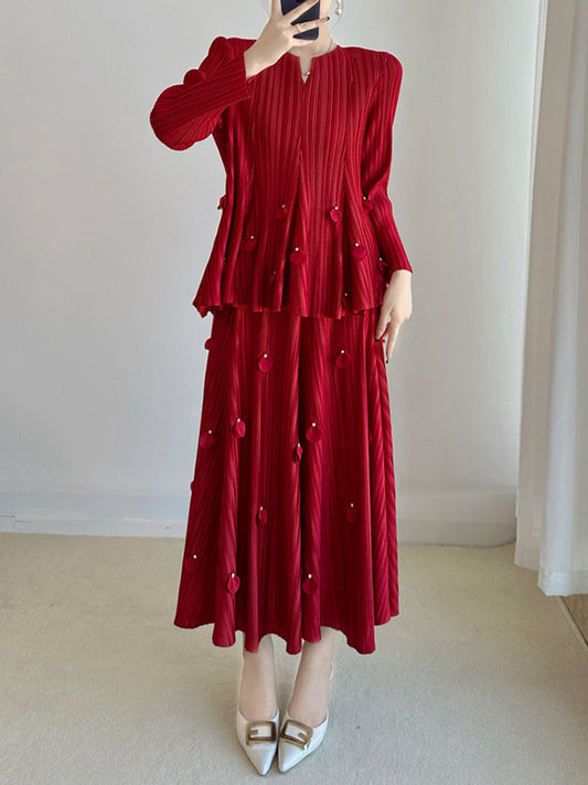 Long Sleeves Loose Pleated Solid Color Three-Dimensional Flower V-Neck T-Shirt Top + Skirt Bottom Two Pieces Set