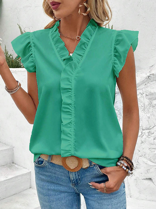 Loose Sleeveless Pleated Ruffle Trim Solid Color V-Neck Blouses&Shirts Tops