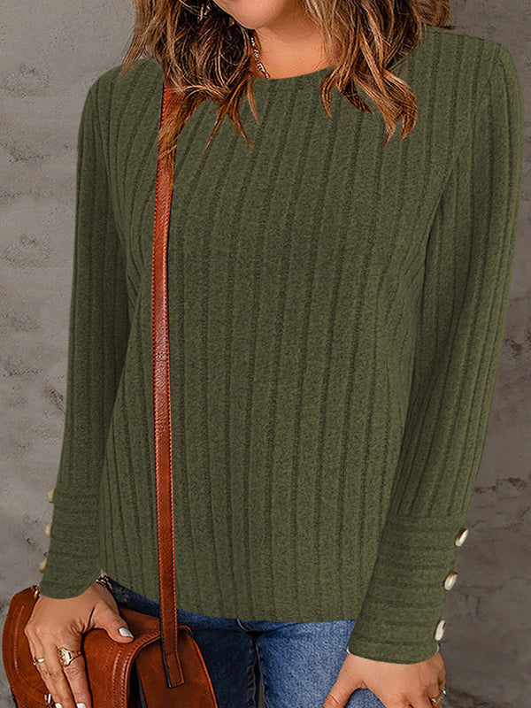 Long Sleeves Loose Buttoned Solid Color Round-Neck T-Shirts Tops