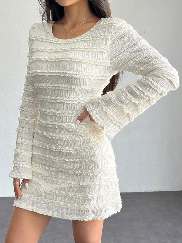 Bodycon Long Sleeves Backless Lace-Up Pleated Solid Color Split-Joint Round-Neck Mini Dresses