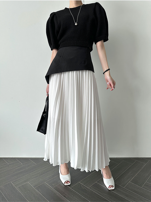 A-Line Loose Contrast Color Pleated Split-Joint Skirts Bottoms