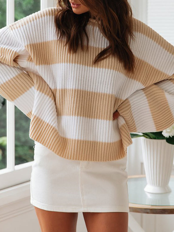 Long Sleeves Loose Contrast Color Striped Round-Neck Pullovers Sweater Tops