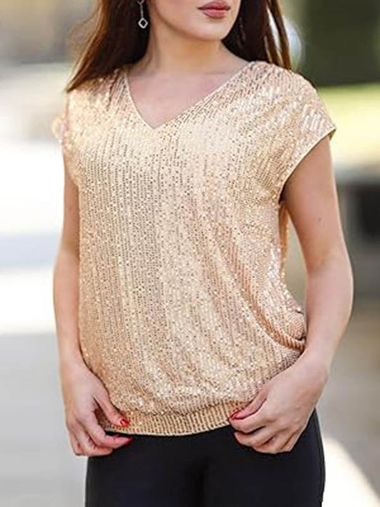 Loose Raglan Sleeve Sequined Solid Color V-Neck T-Shirts Tops