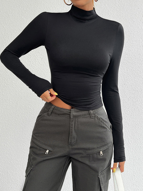 Long Sleeves Skinny Solid Color High Neck T-Shirts Tops
