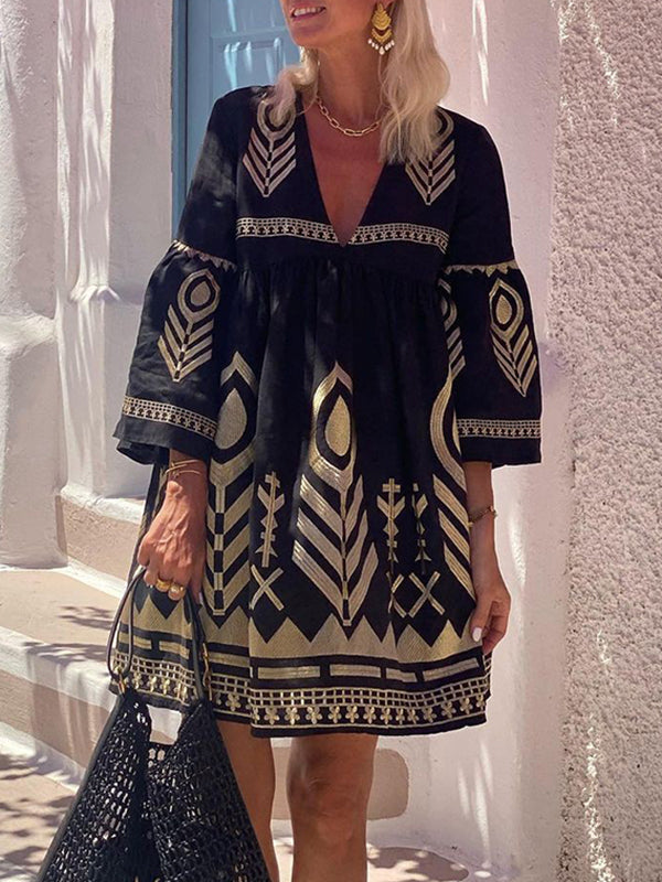 Flared Sleeves Loose Embroidered Split-Joint Deep V-Neck Mini Dresses