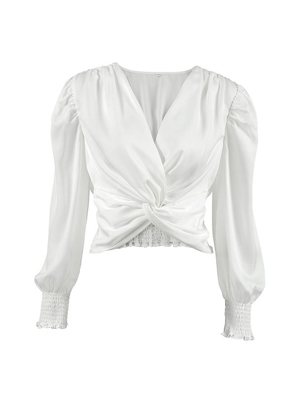 Loose Puff Sleeves Elasticity Pleated Solid Color Split-Joint V-Neck Blouses&Shirts Tops