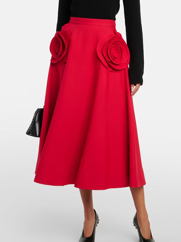 A-Line Loose Ruffled Solid Color Three-Dimensional Flower Zipper Skirts Bottoms