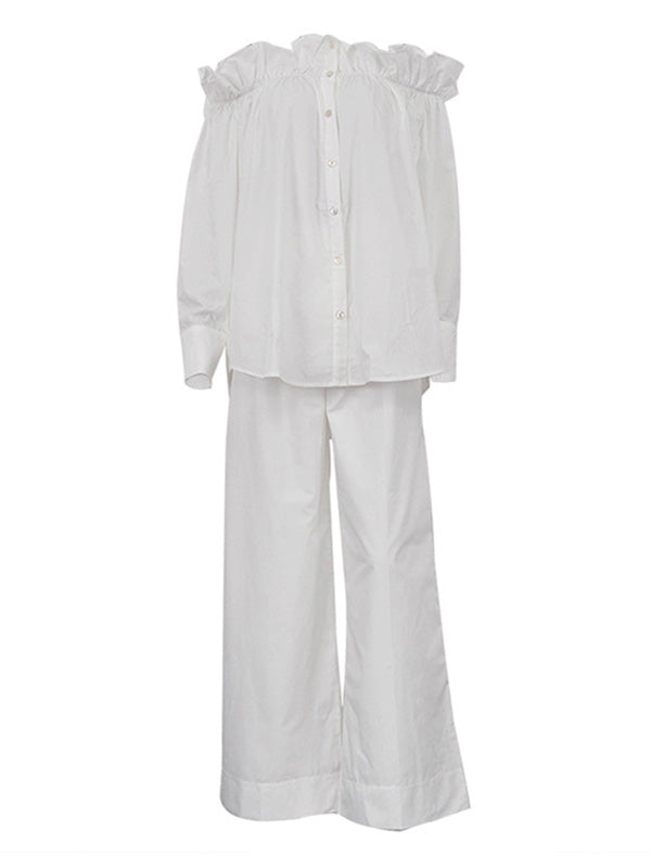 Loose Puff Sleeves Pleated Solid Color Off-The-Shoulder Blouse + Pants Trousers Elasticity Two Pieces Set